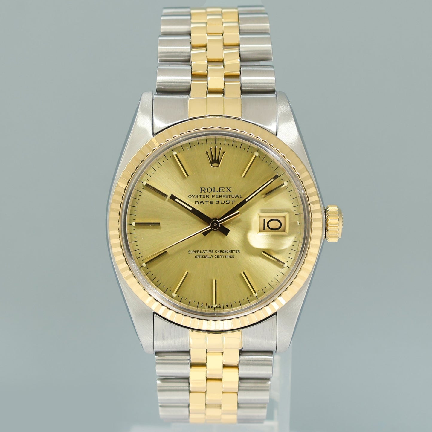 Rolex DateJust 16013 Champagne Stick Fluted Bezel Two Tone Gold Jubilee Watch