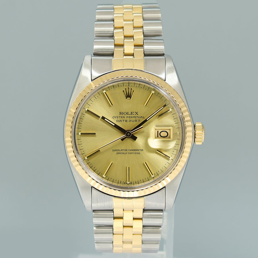 Rolex DateJust 16013 Champagne Stick Fluted Bezel Two Tone Gold Jubilee Watch