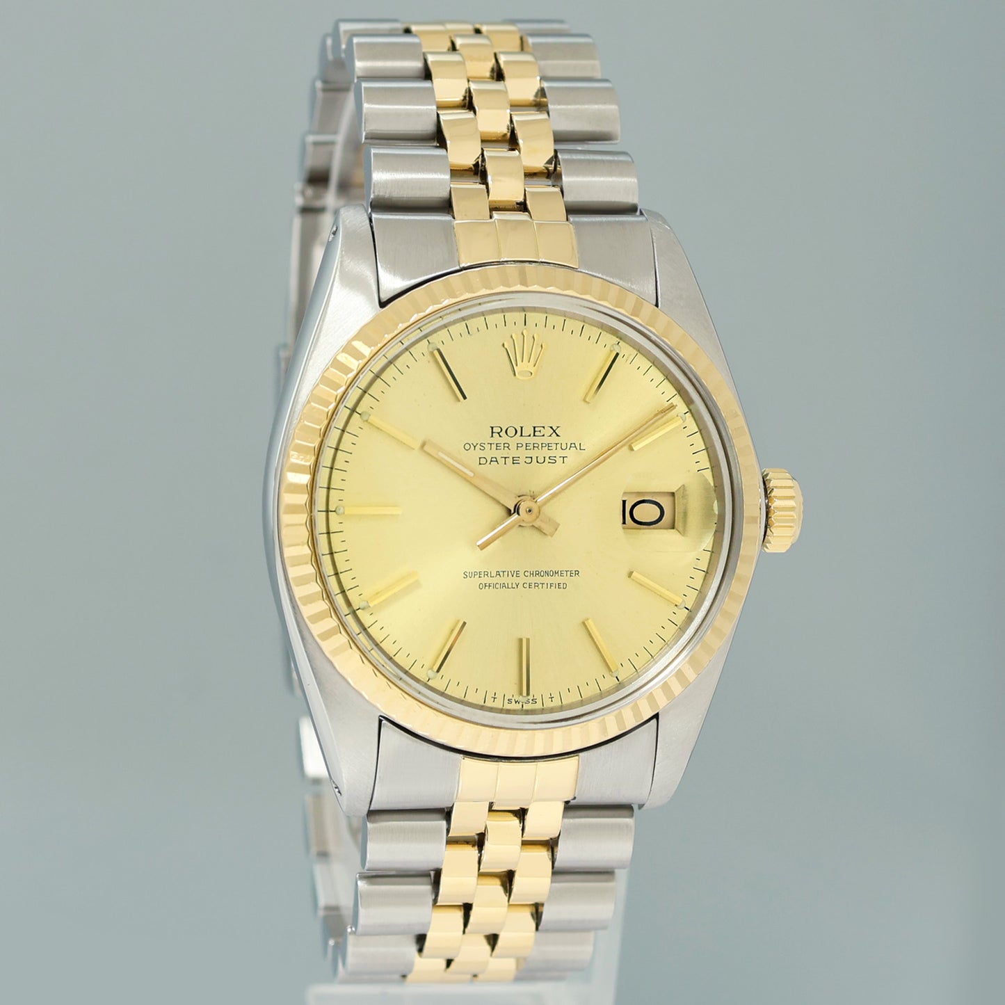 Rolex DateJust 16013 Champagne Stick Fluted Bezel Two Tone Gold Jubilee Watch