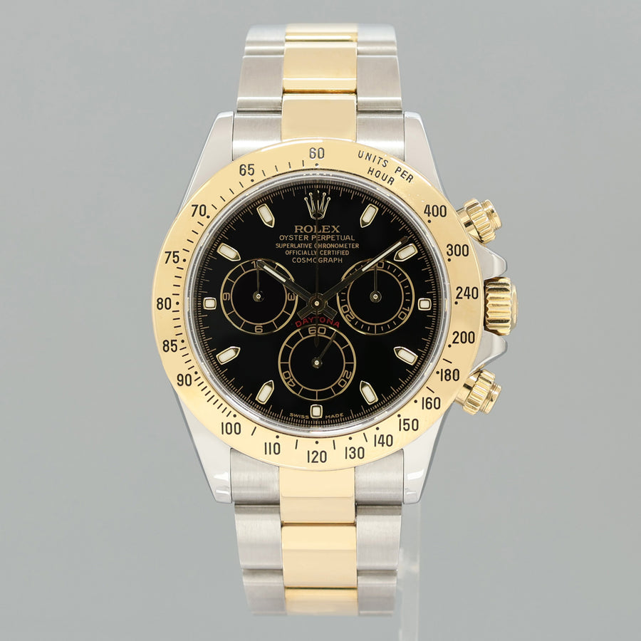 MINT Rolex Daytona 116523 Chronograph Black Steel Yellow Gold Two Tone Watch Box