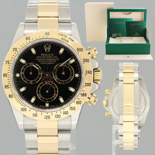 MINT Rolex Daytona 116523 Chronograph Black Steel Yellow Gold Two Tone Watch Box