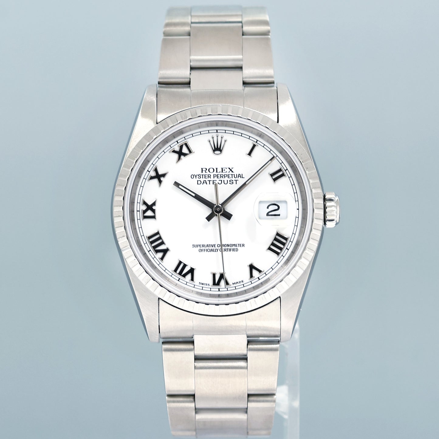 2001 PAPERS MINT Rolex DateJust 36mm White Roman Dial Oyster 16220 Steel Watch Box