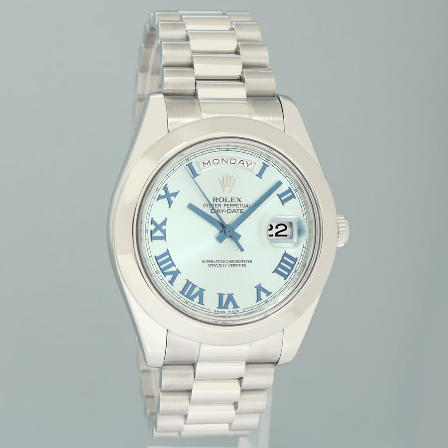 2014 PAPERS MINT Rolex Day-Date 41mm Blue Roman Platinum President 218206 Watch Box