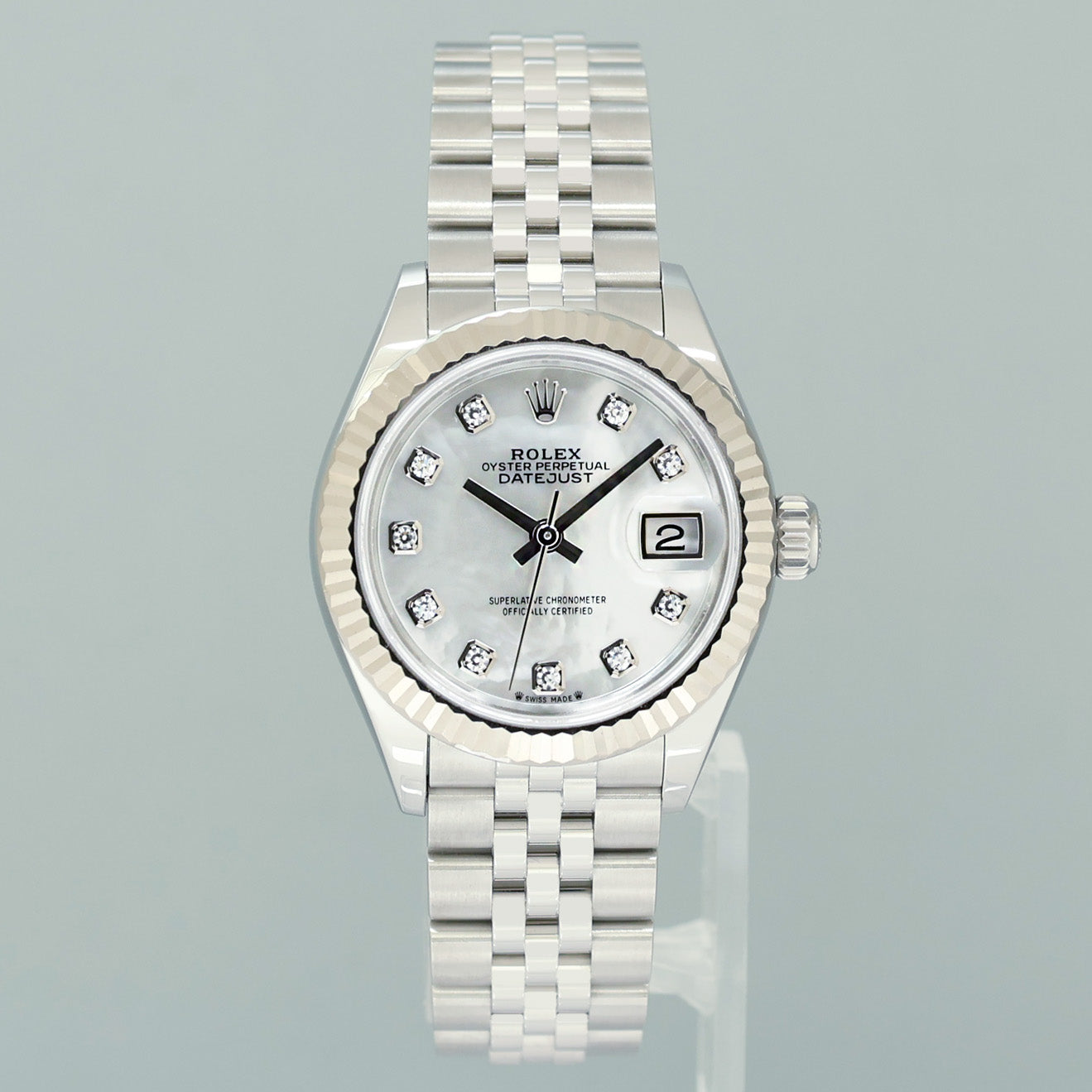 MINT 2023 PAPERS Ladies Rolex 279174 DateJust 26mm MOP Diamond Fluted Jubilee Watch