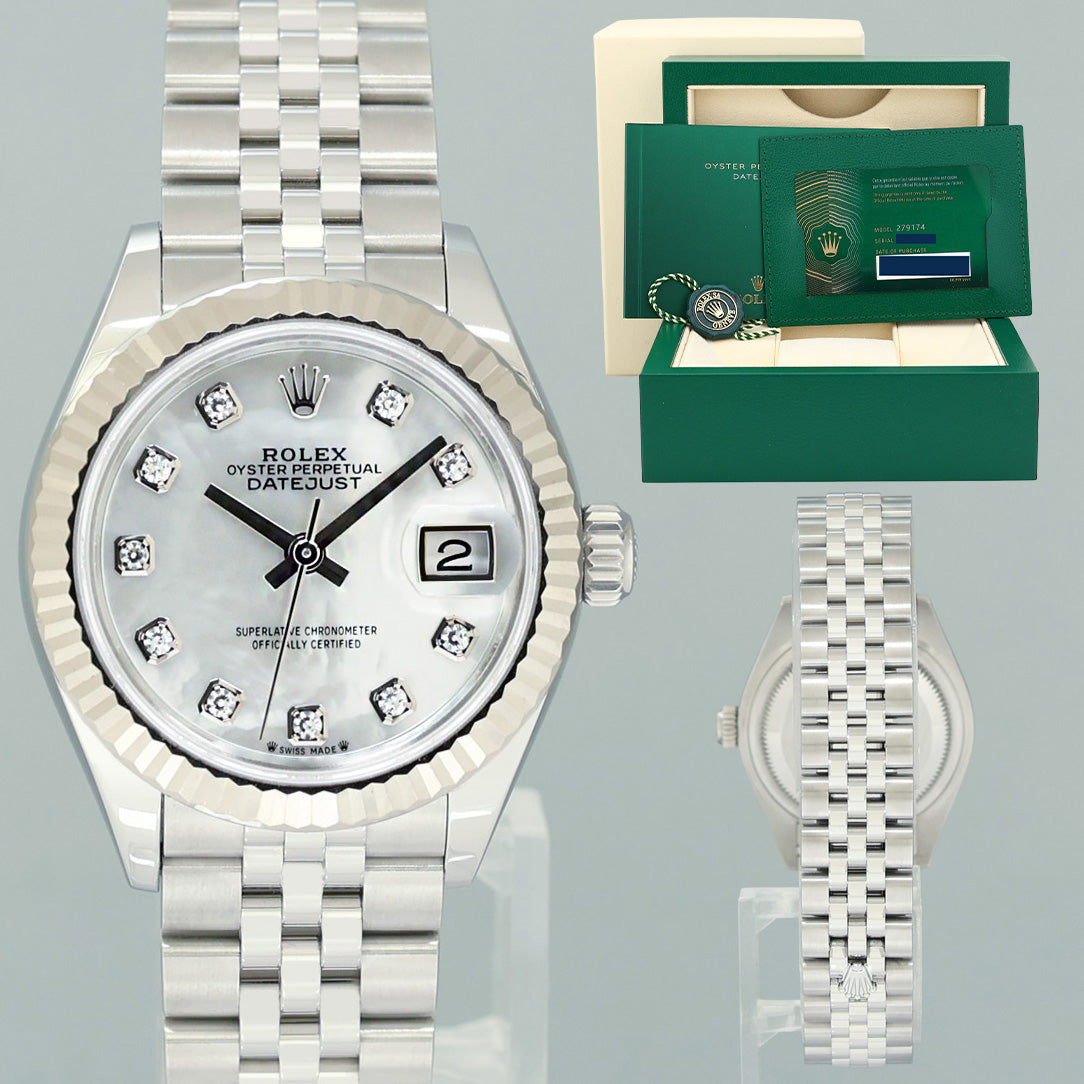 MINT 2023 PAPERS Ladies Rolex 279174 DateJust 26mm MOP Diamond Fluted Jubilee Watch