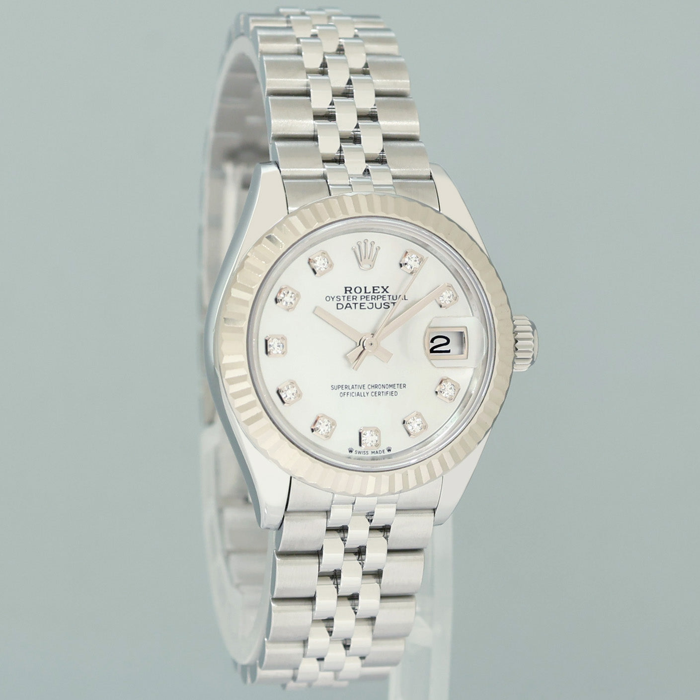 MINT 2023 PAPERS Ladies Rolex 279174 DateJust 26mm MOP Diamond Fluted Jubilee Watch