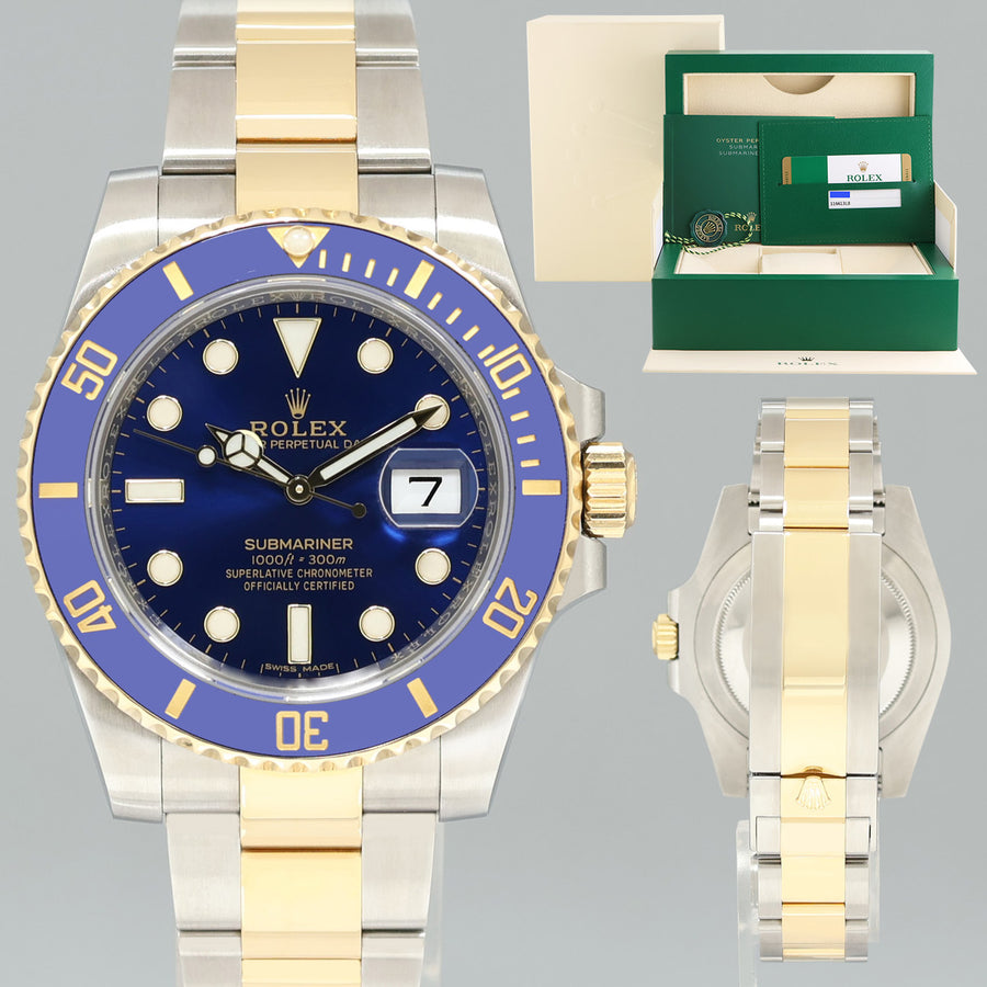 MINT 2018 PAPERS Rolex 116613LB Submariner Blue Ceramic Two Tone Yellow Gold Watch