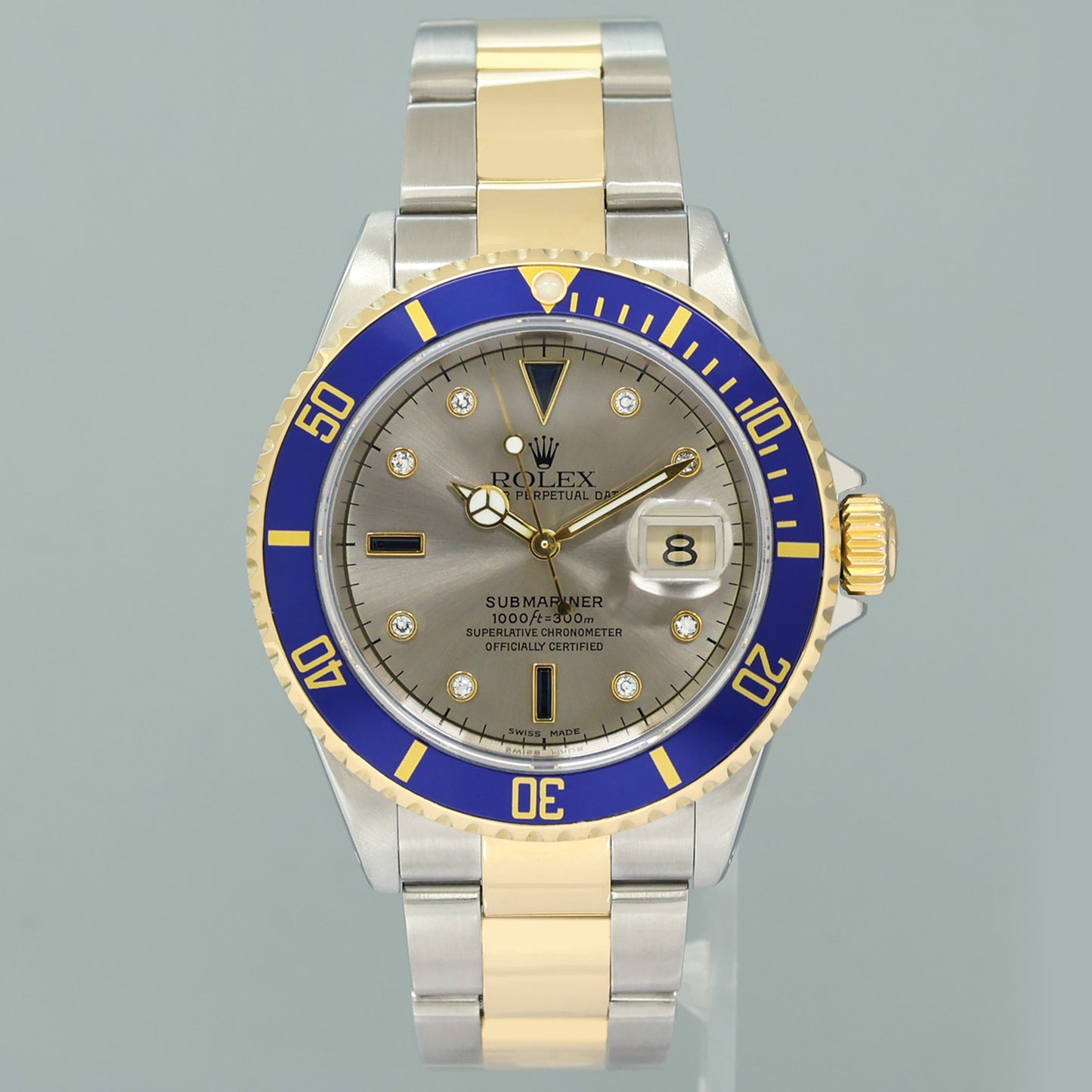 MINT Rolex Submariner 16613 Two Tone Gold Silver Serti Diamond Gold Buckle Watch Box