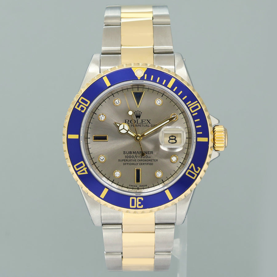 MINT Rolex Submariner 16613 Two Tone Gold Silver Serti Diamond Gold Buckle Watch Box
