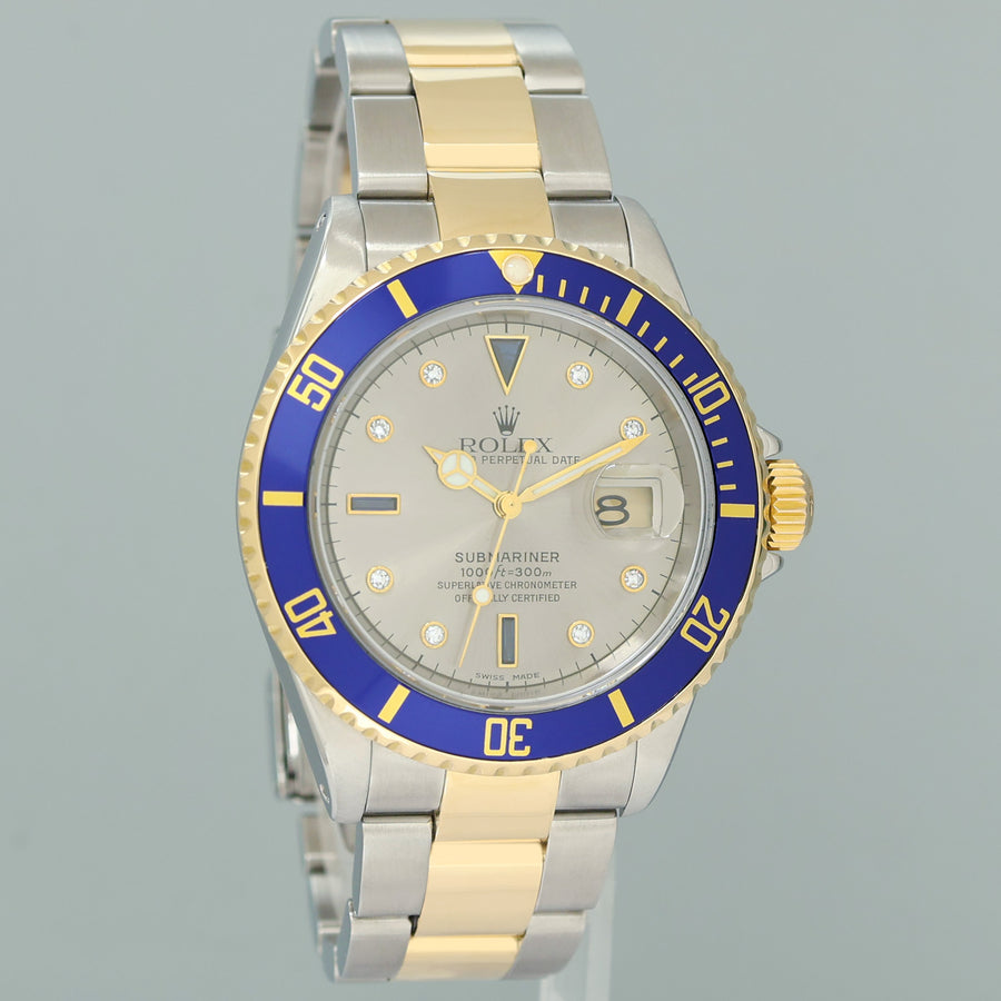 MINT Rolex Submariner 16613 Two Tone Gold Silver Serti Diamond Gold Buckle Watch Box