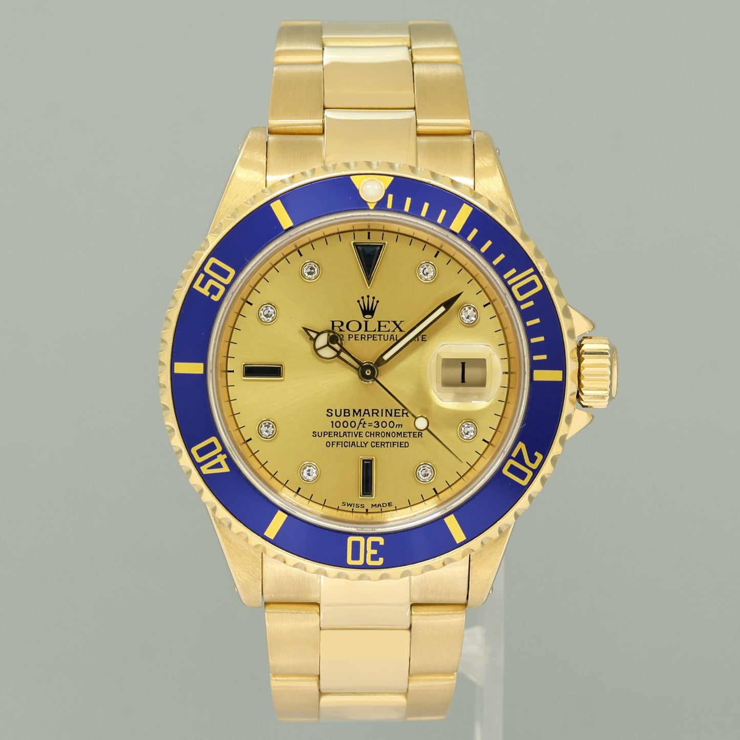 MINT Rolex 16618 Submariner Yellow Gold Blue Champagne Serti Diamond Watch Box