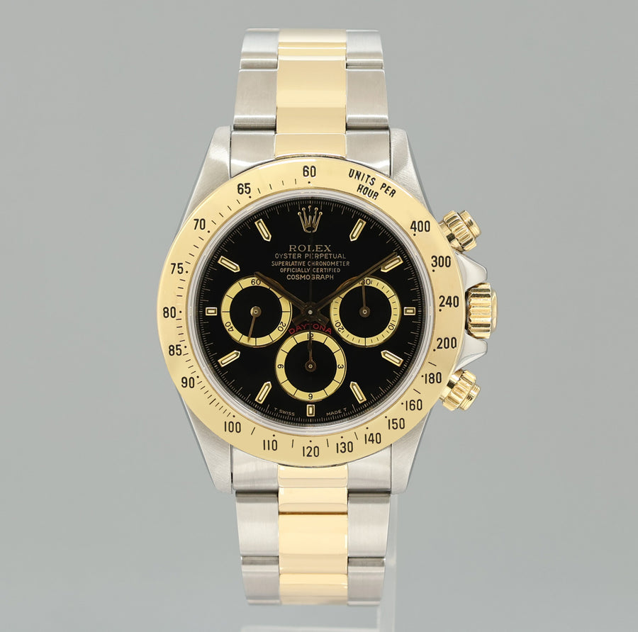 1993 MINT Rolex Daytona 16523 Zenith Black Chrono Yellow Gold Two Tone Watch Box