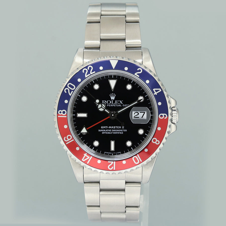 MINT 1998 PAPERS Rolex GMT-Master II Pepsi Blue Red Steel 16710 Watch Black Watch Box