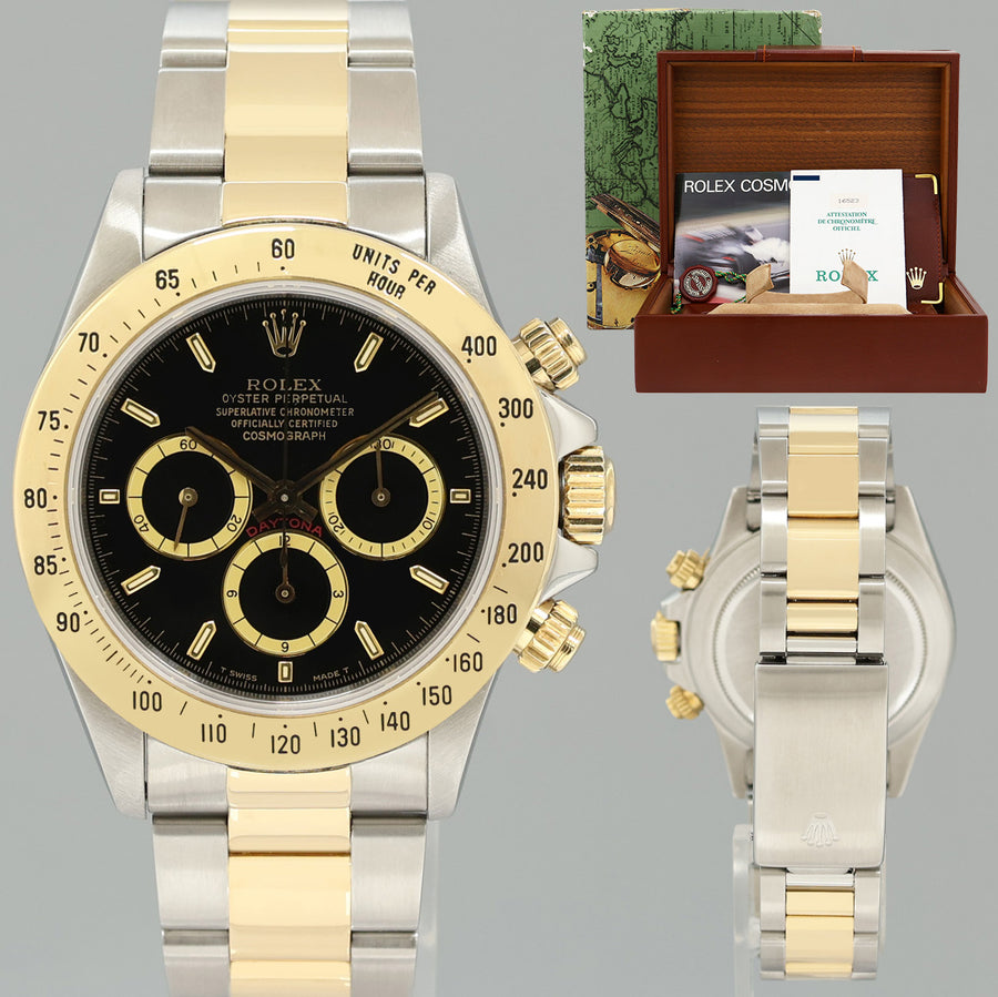 1993 MINT Rolex Daytona 16523 Zenith Black Chrono Yellow Gold Two Tone Watch Box