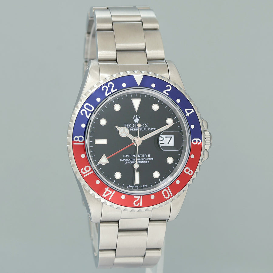 MINT 1998 PAPERS Rolex GMT-Master II Pepsi Blue Red Steel 16710 Watch Black Watch Box