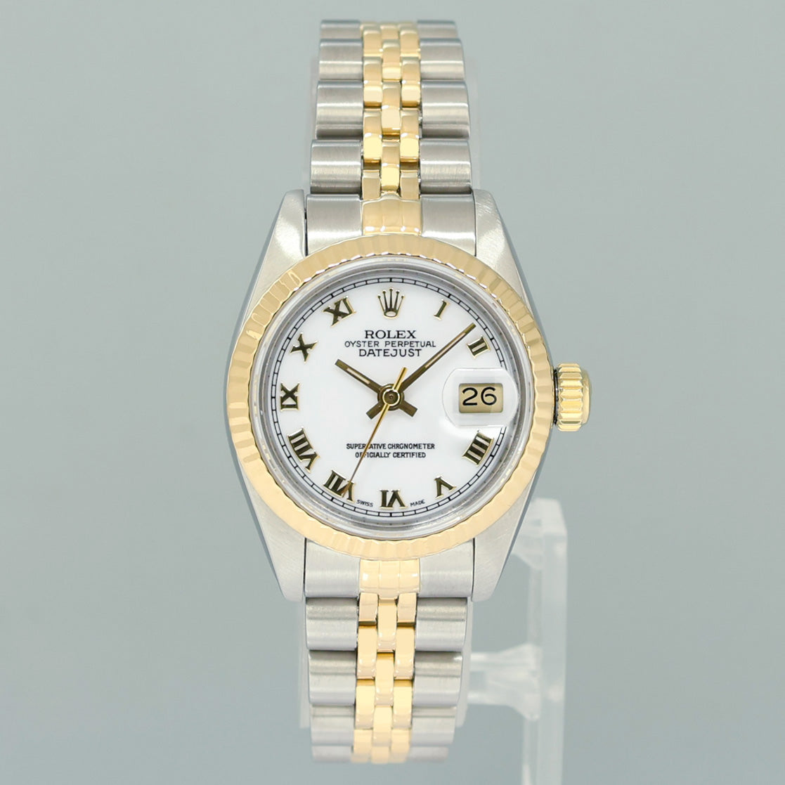 MINT Ladies Rolex DateJust 26mm 69173 White Roman Two Tone Yellow Gold Jubilee Watch