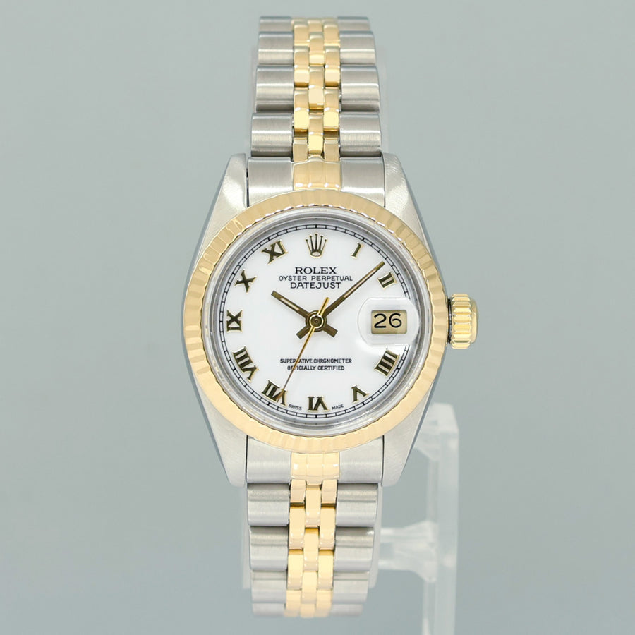 MINT Ladies Rolex DateJust 26mm 69173 White Roman Two Tone Yellow Gold Jubilee Watch