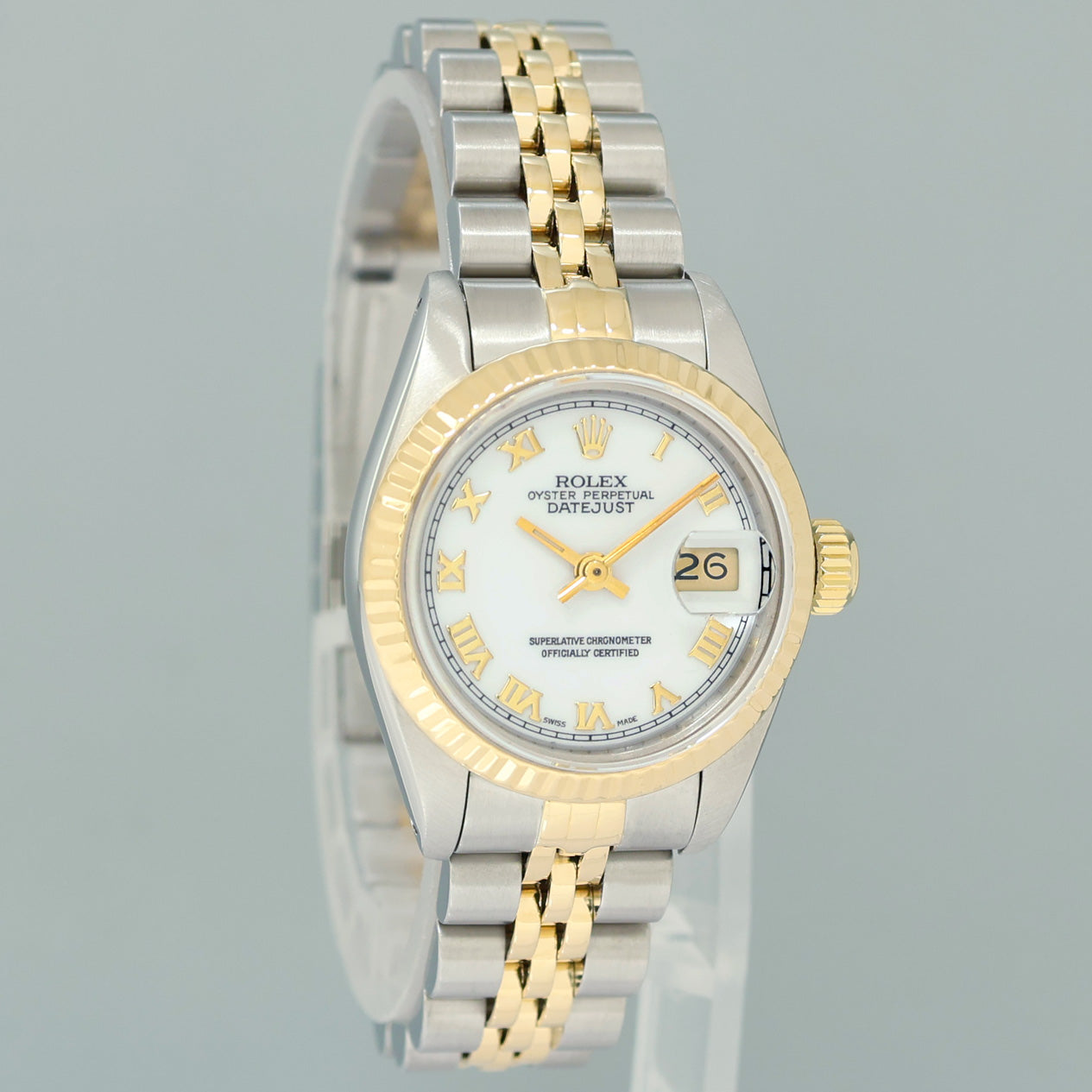 MINT Ladies Rolex DateJust 26mm 69173 White Roman Two Tone Yellow Gold Jubilee Watch