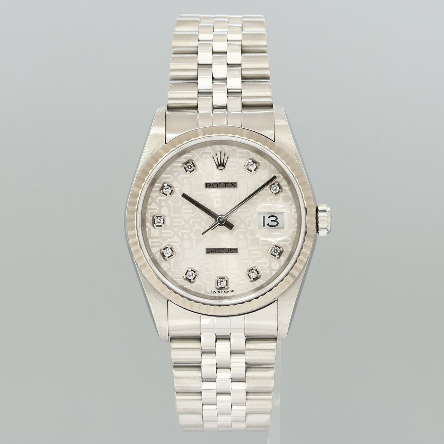 2002 MINT Rolex DateJust 16234 Silver Diamond Anniversary Jubilee Gold Fluted Watch