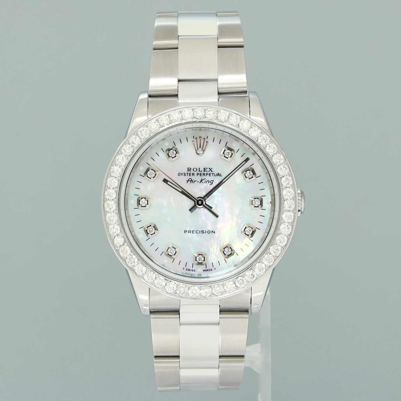 MINT Rolex Air-King 14000 Diamond Mother of Pearl Dial 34mm Steel Watch Box