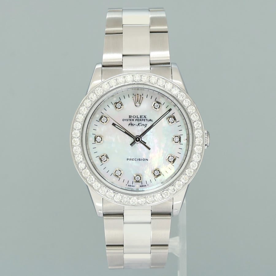MINT Rolex Air-King 14000 Diamond Mother of Pearl Dial 34mm Steel Watch Box