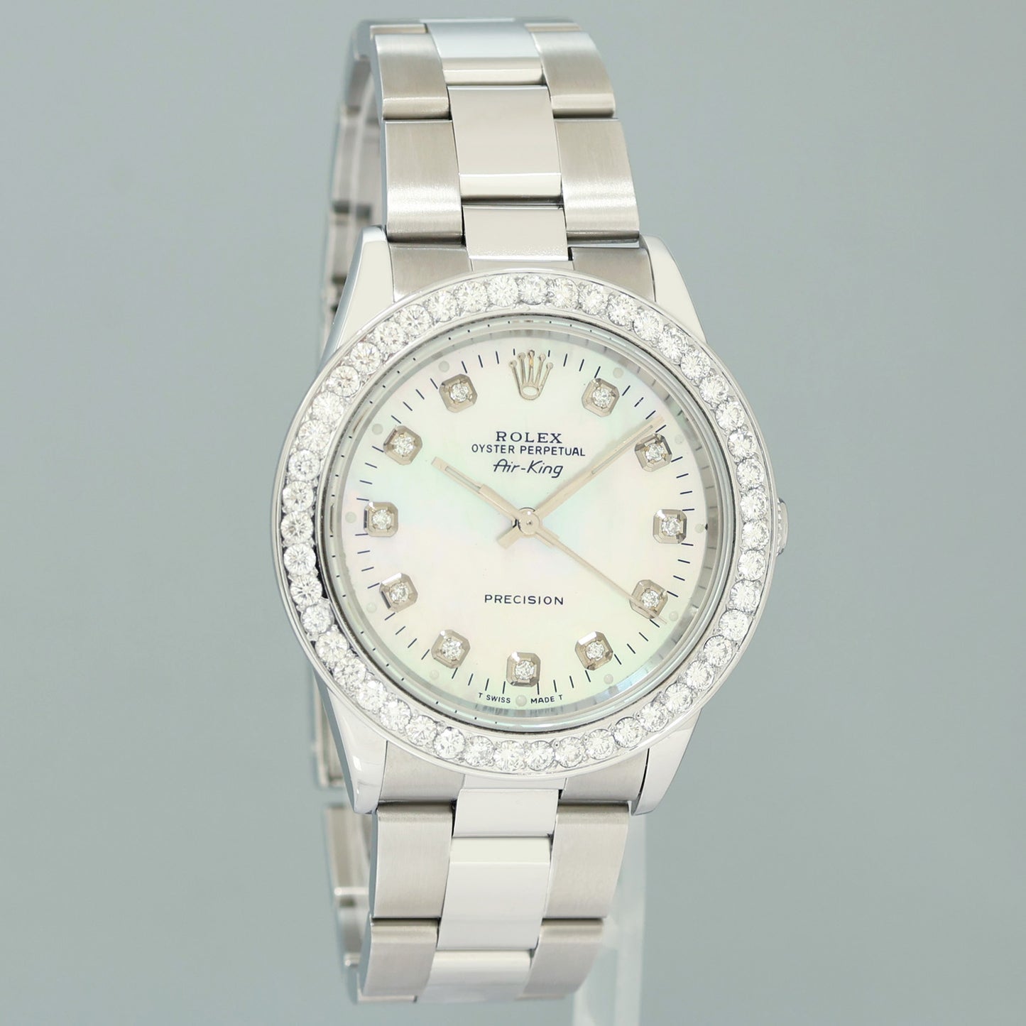 MINT Rolex Air-King 14000 Diamond Mother of Pearl Dial 34mm Steel Watch Box