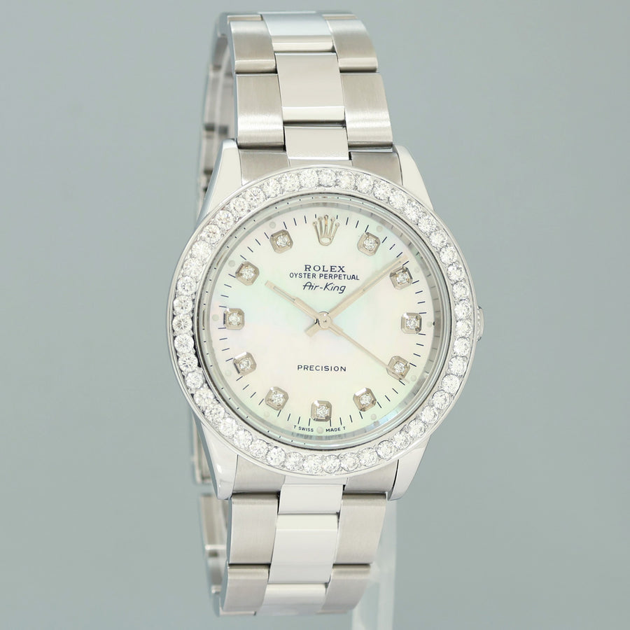 MINT Rolex Air-King 14000 Diamond Mother of Pearl Dial 34mm Steel Watch Box