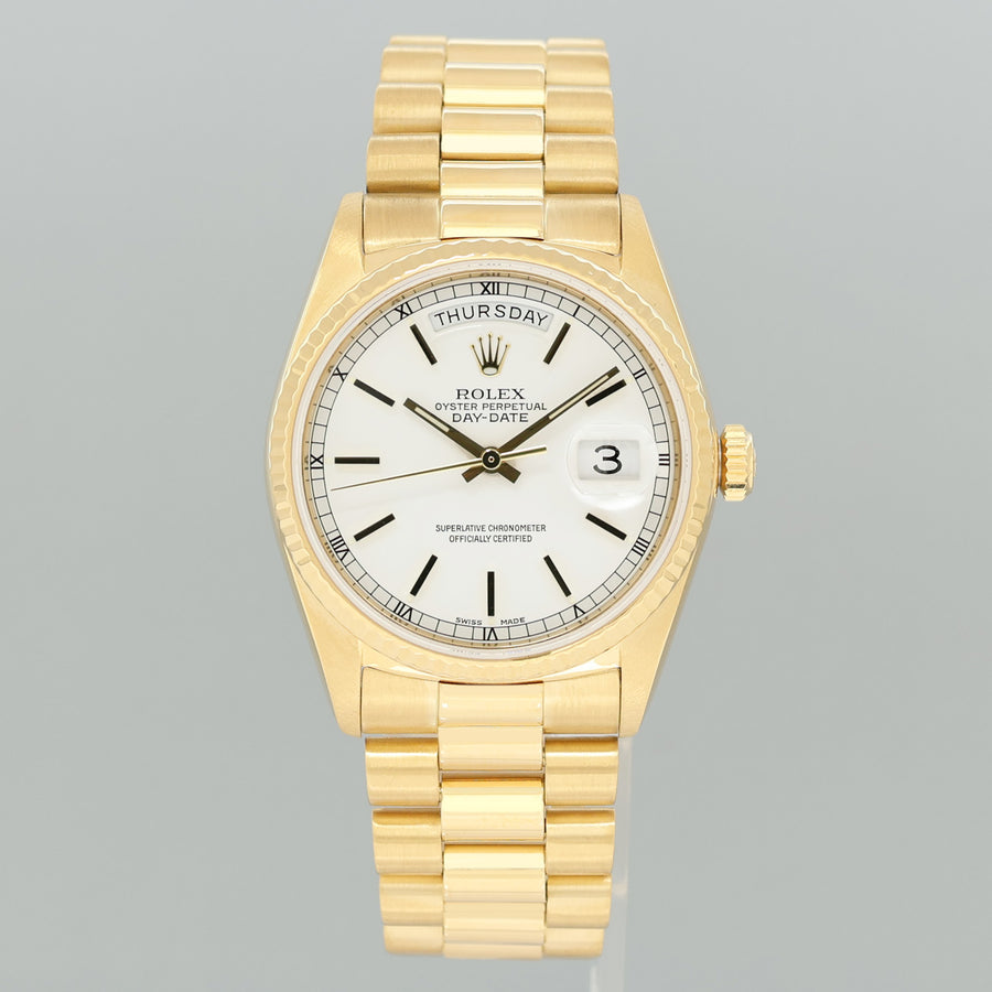 2018 RSC PAPERS Rolex President Day-Date White Stick 18038 Quickset Yellow Gold Watch