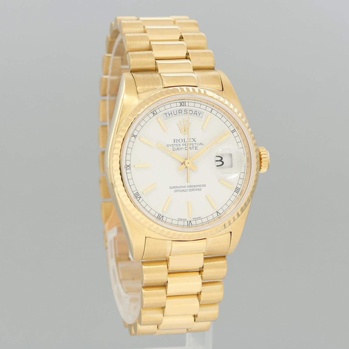 2018 RSC PAPERS Rolex President Day-Date White Stick 18038 Quickset Yellow Gold Watch