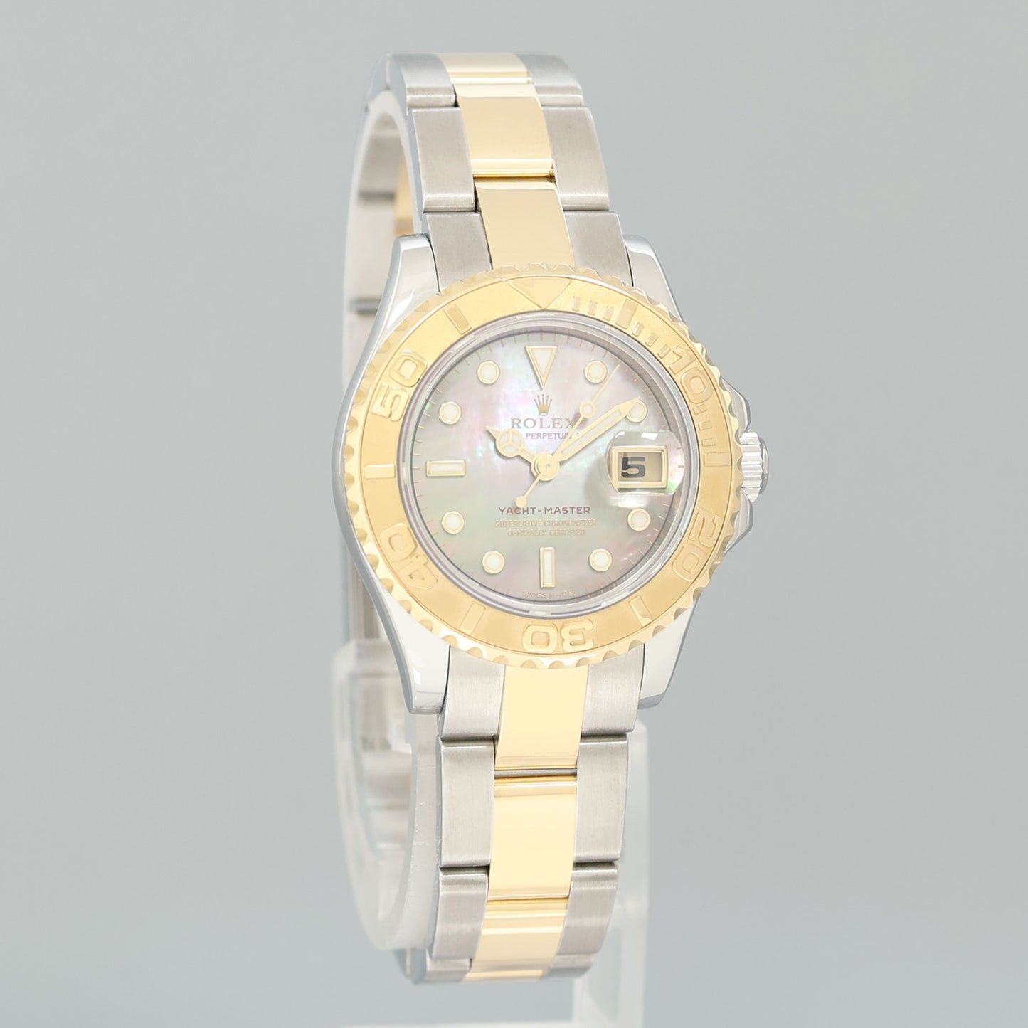 MINT Ladies Rolex Yacht-Master 169623 Two Tone Yellow Gold Dark Mother of Pearl Watch