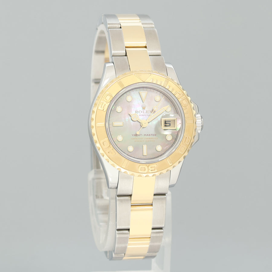 MINT Ladies Rolex Yacht-Master 169623 Two Tone Yellow Gold Dark Mother of Pearl Watch