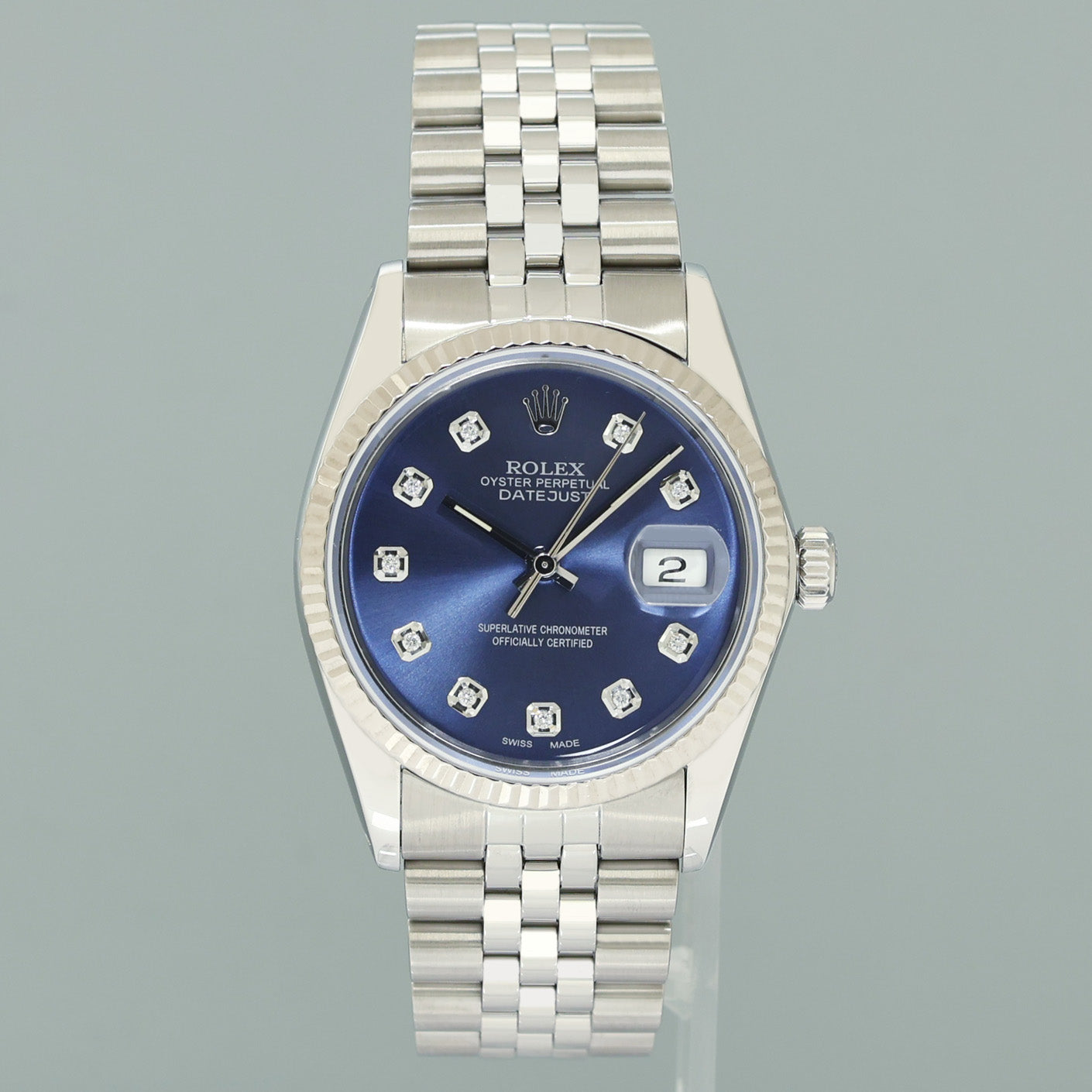 MINT Rolex DateJust 16014 Blue Diamond Bezel Jubilee Band 36mm Watch Box