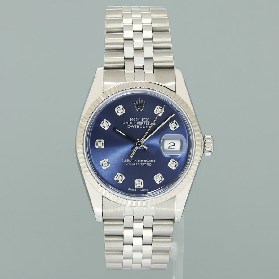 MINT Rolex DateJust 16014 Blue Diamond Bezel Jubilee Band 36mm Watch Box