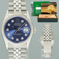MINT Rolex DateJust 16014 Blue Diamond Bezel Jubilee Band 36mm Watch Box