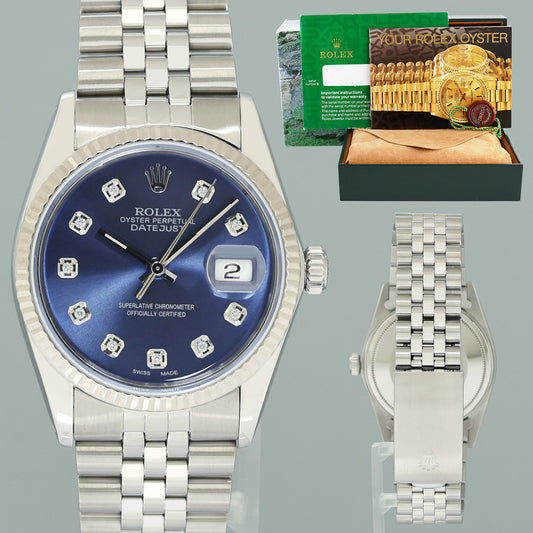 MINT Rolex DateJust 16014 Blue Diamond Bezel Jubilee Band 36mm Watch Box