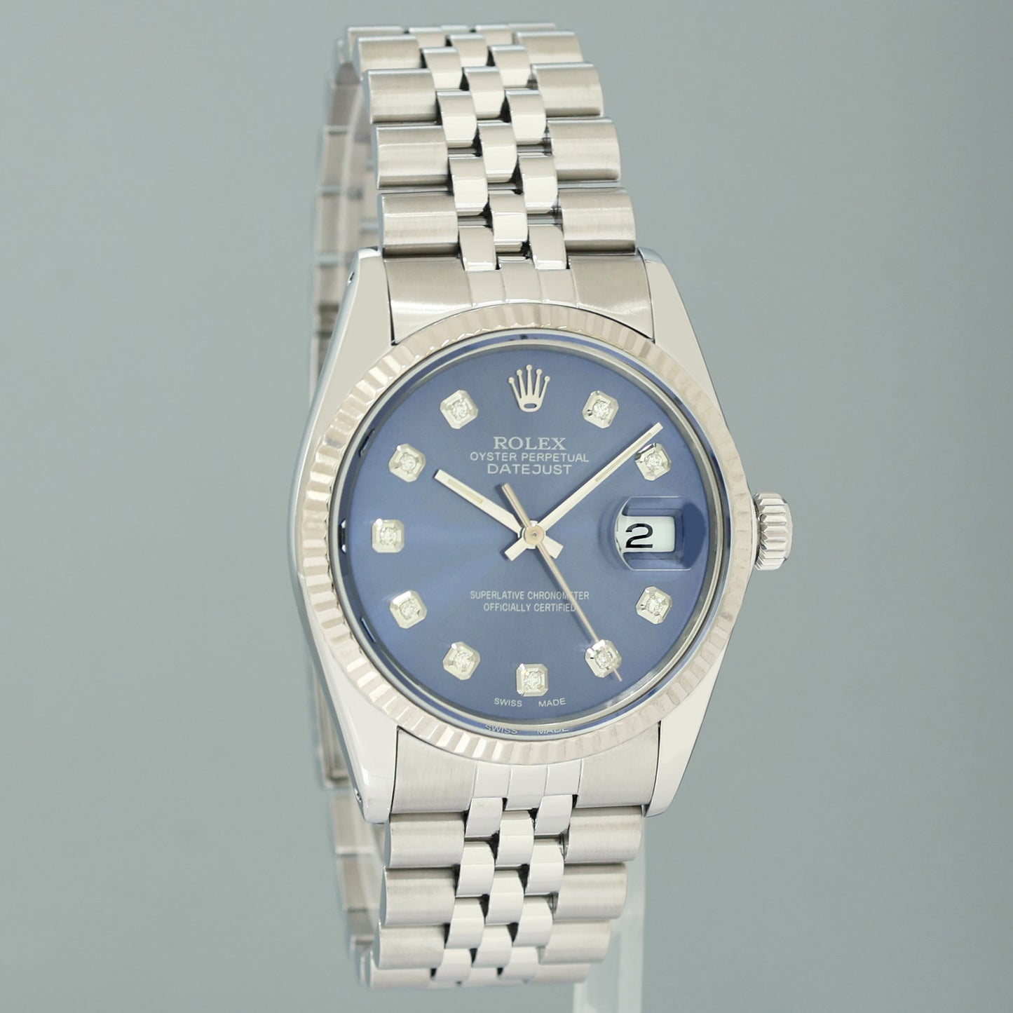 MINT Rolex DateJust 16014 Blue Diamond Bezel Jubilee Band 36mm Watch Box