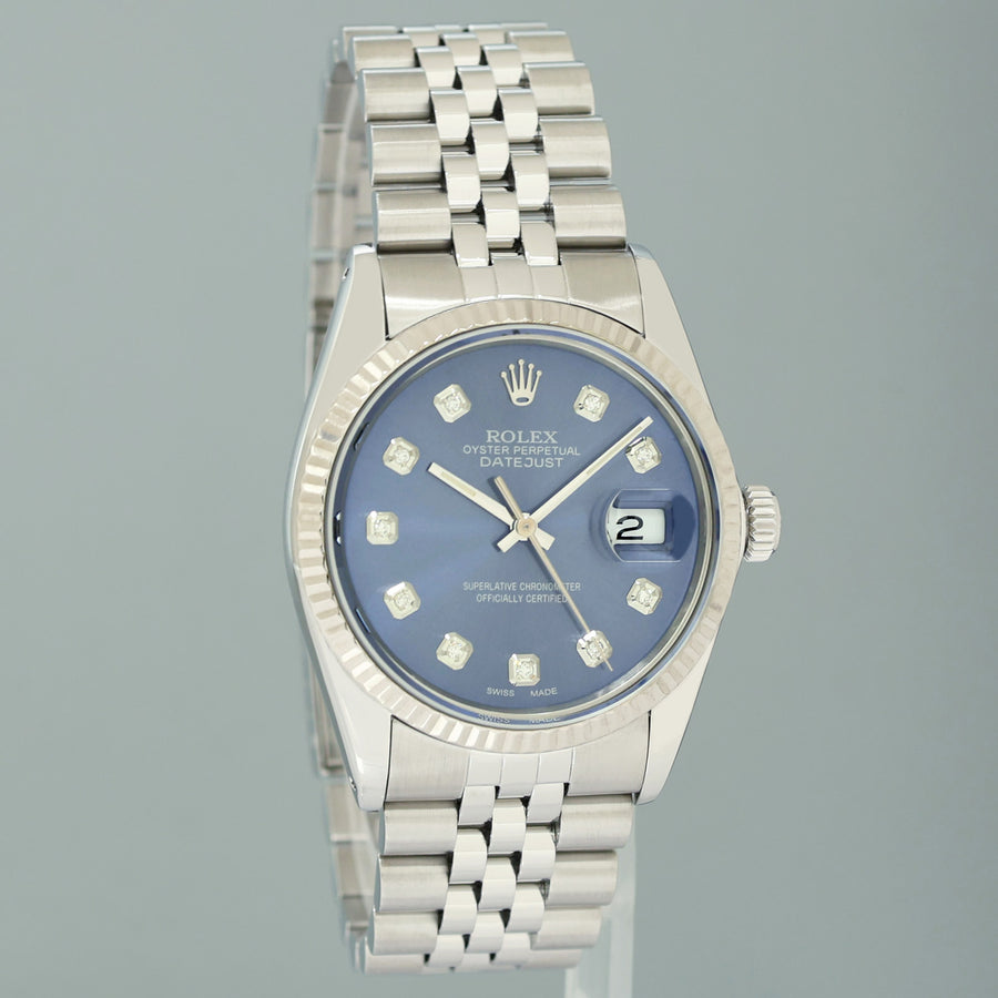 MINT Rolex DateJust 16014 Blue Diamond Bezel Jubilee Band 36mm Watch Box