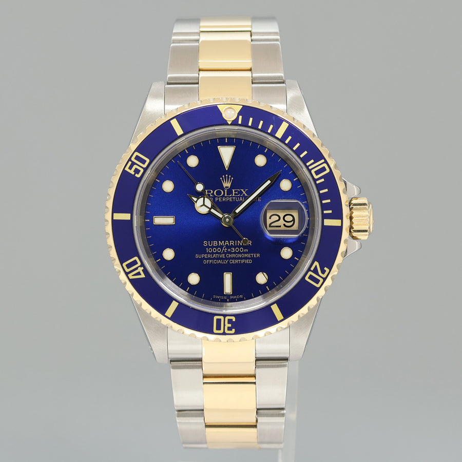 MINT 2001 Rolex Submariner 16613LB Yellow Gold Steel Two Tone Sunburst Blue Watch
