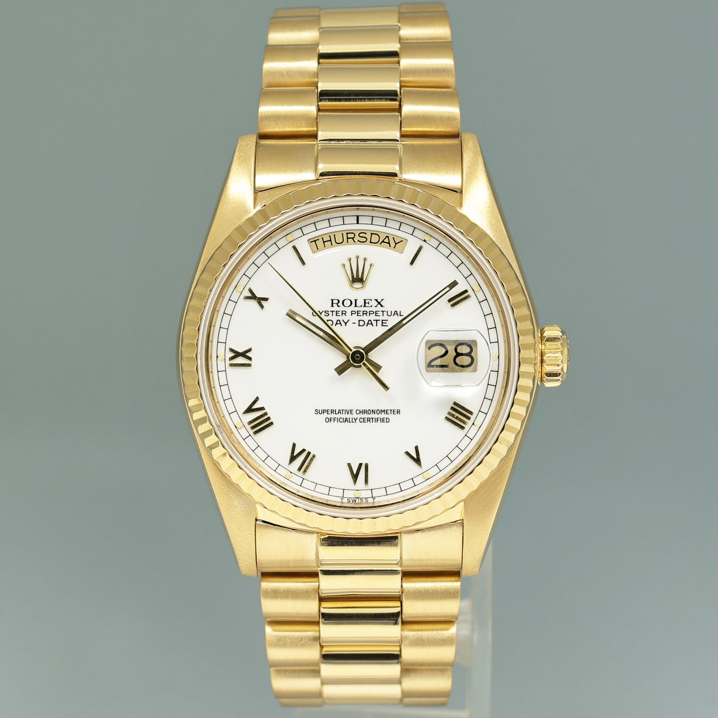 MINT Rolex 36mm President Day Date White Roman 18038 Quick Set Yellow Gold Watch Box
