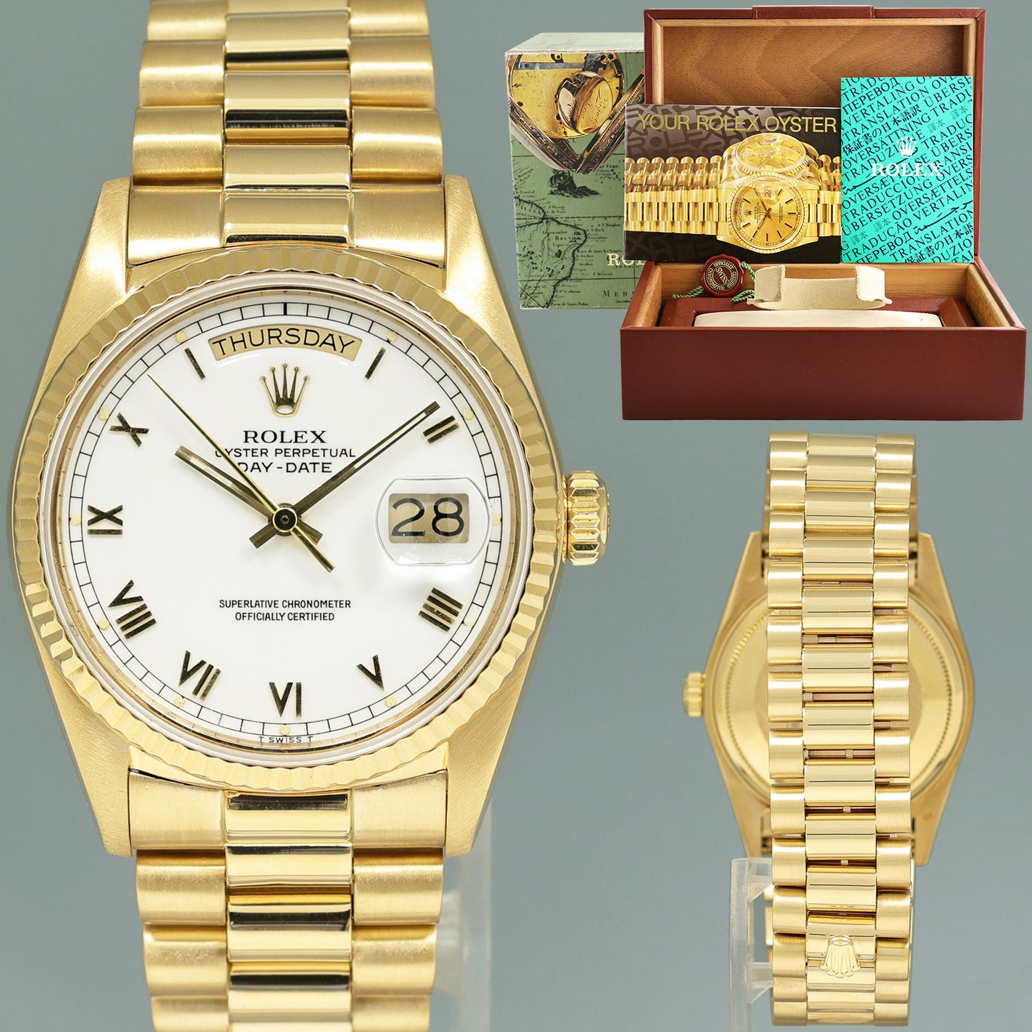 MINT Rolex 36mm President Day Date White Roman 18038 Quick Set Yellow Gold Watch Box