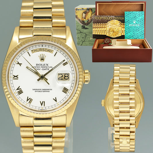 MINT Rolex 36mm President Day Date White Roman 18038 Quick Set Yellow Gold Watch Box