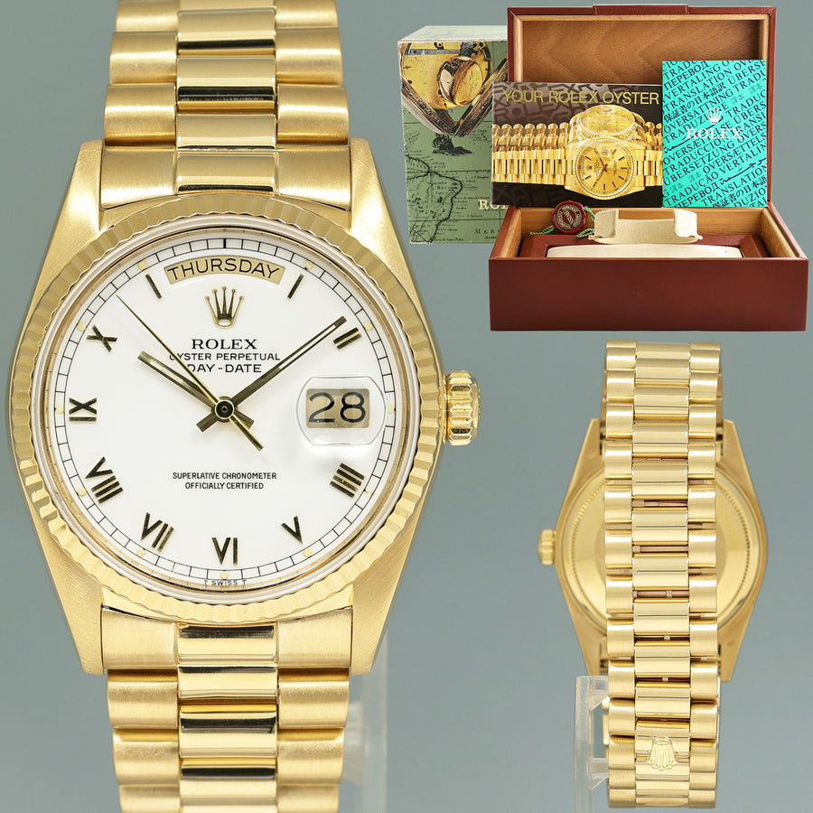 MINT Rolex 36mm President Day Date White Roman 18038 Quick Set Yellow Gold Watch Box