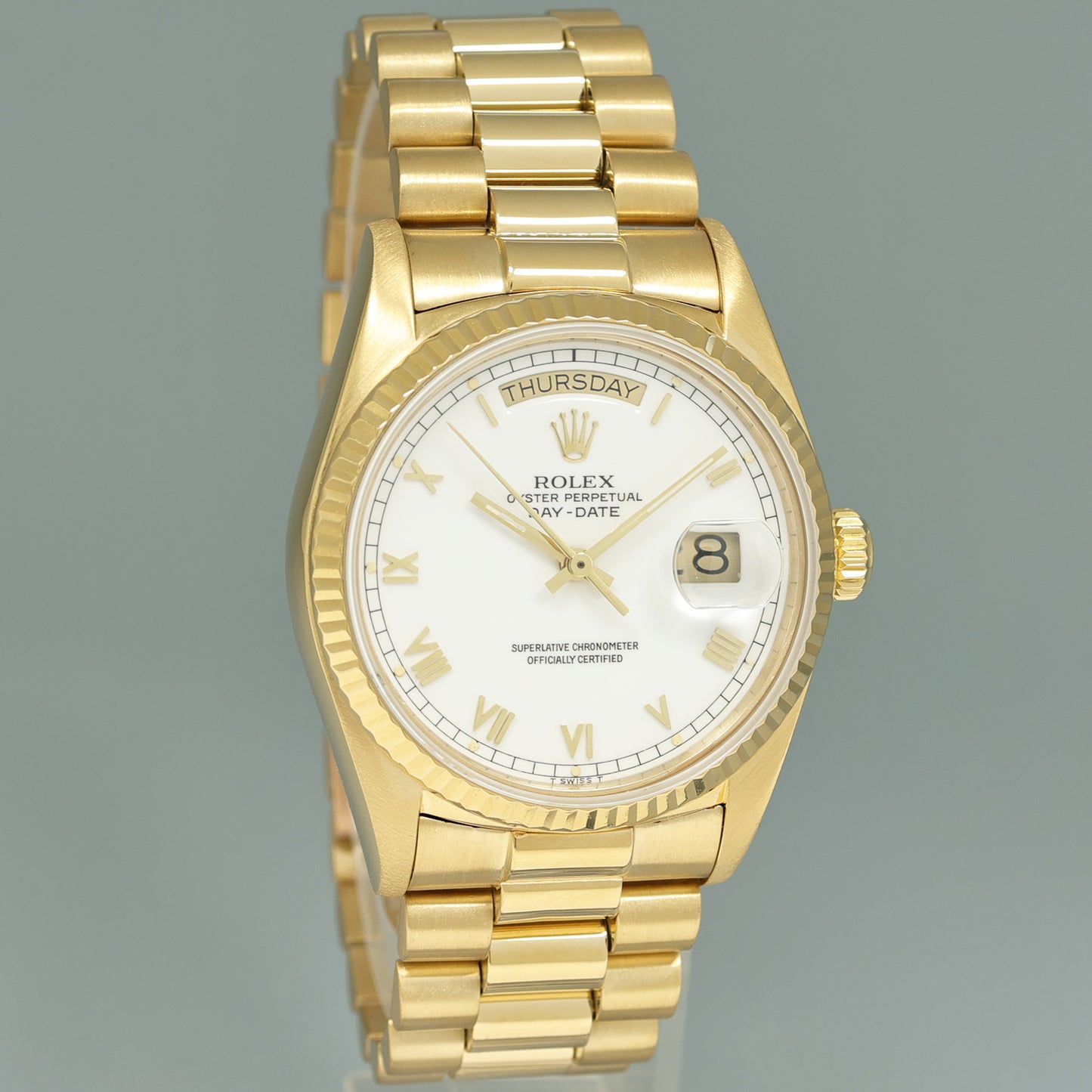 MINT Rolex 36mm President Day Date White Roman 18038 Quick Set Yellow Gold Watch Box