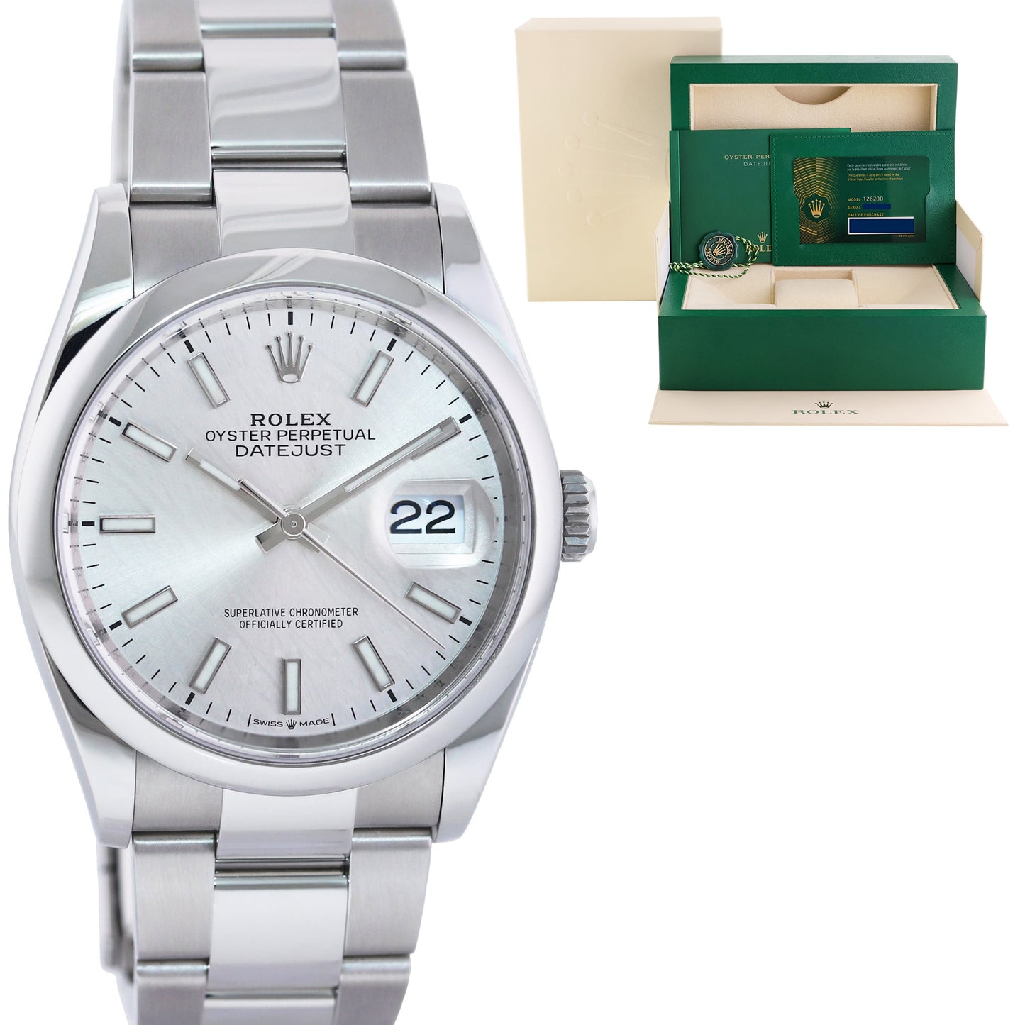 2024 NEW PAPERS Rolex 126200 DateJust 36mm Silver Stick Steel Oyster Band Watch