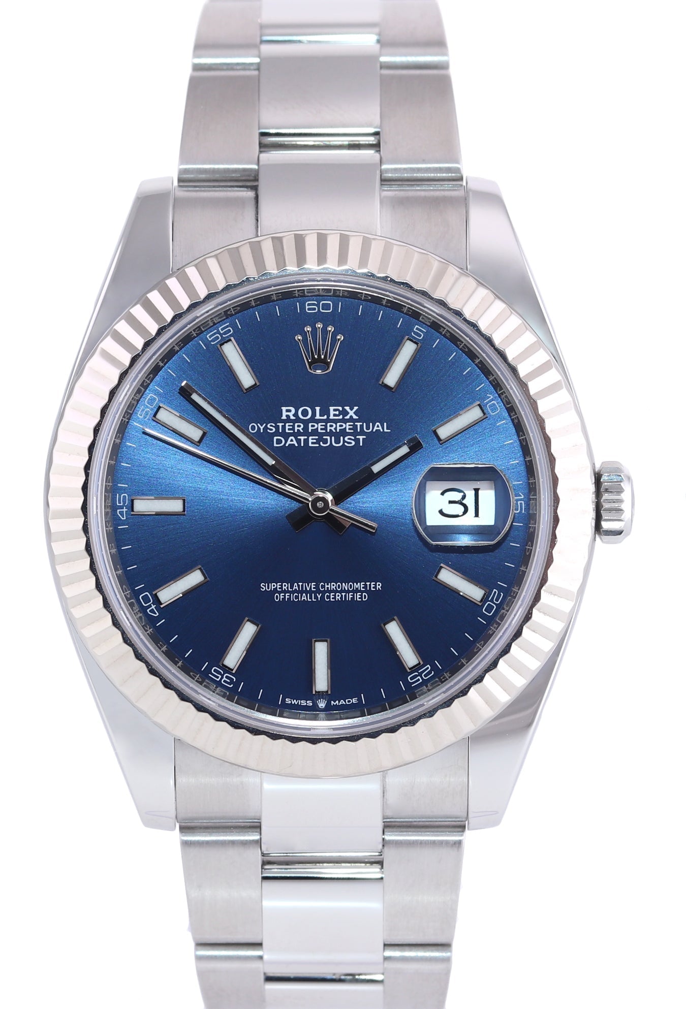 NEW 2022 Rolex DateJust 41 Blue Stick Oyster Stainless Steel Fluted 126334 Watch Box