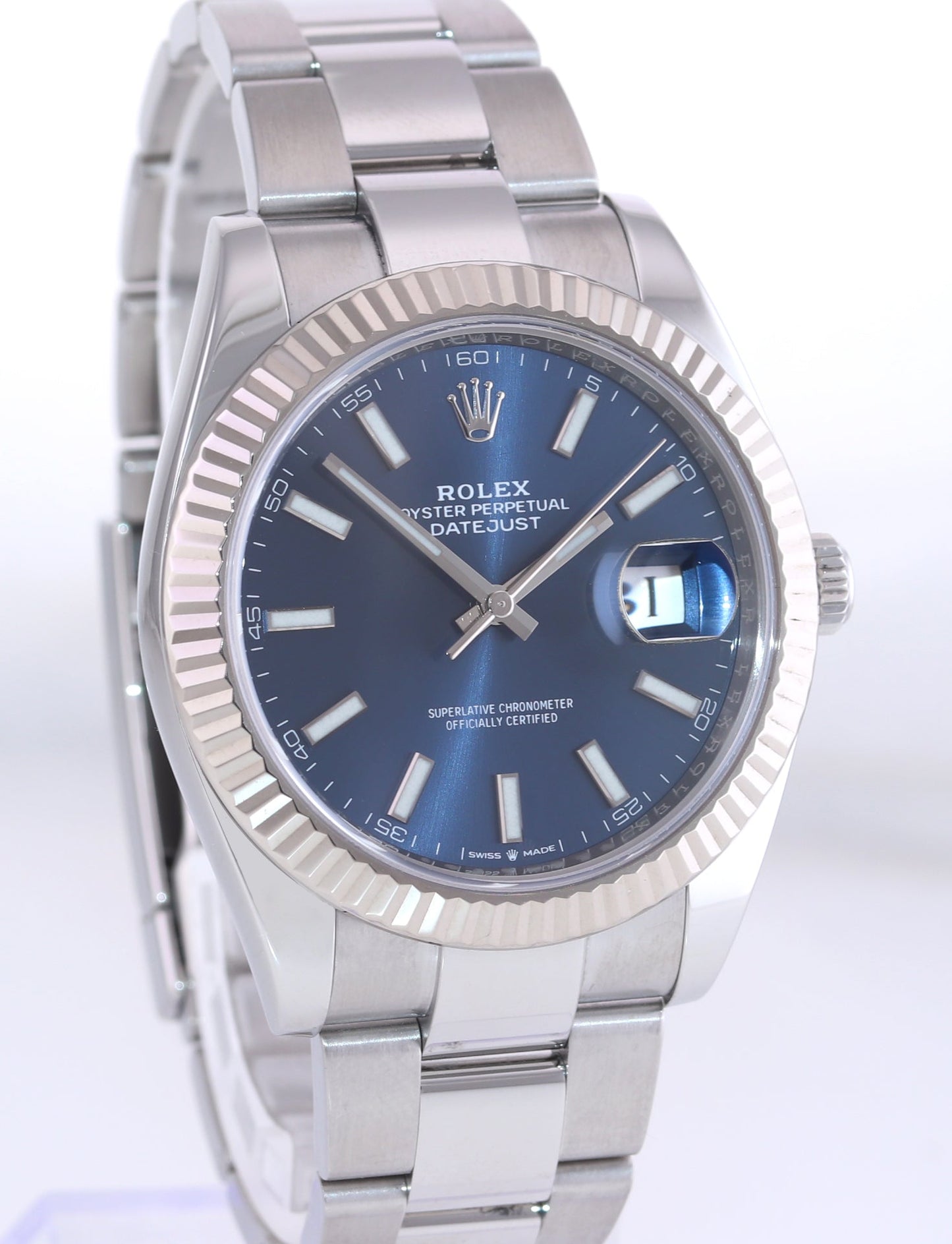 NEW 2022 Rolex DateJust 41 Blue Stick Oyster Stainless Steel Fluted 126334 Watch Box