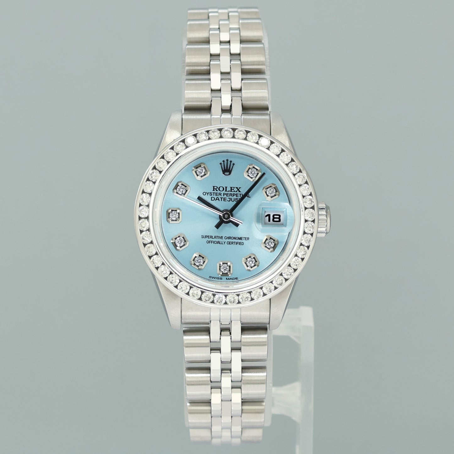 DIAMOND Ladies Rolex 79174 DateJust 26mm Glacier Blue Steel Jubilee Watch