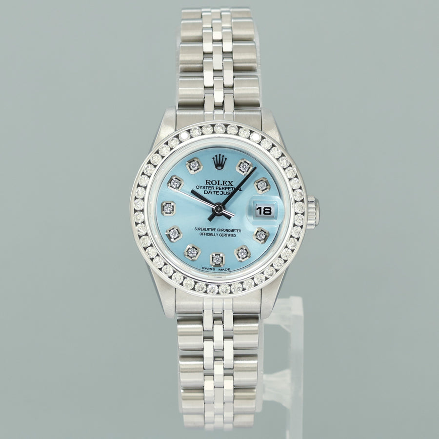 DIAMOND Ladies Rolex 79174 DateJust 26mm Glacier Blue Steel Jubilee Watch