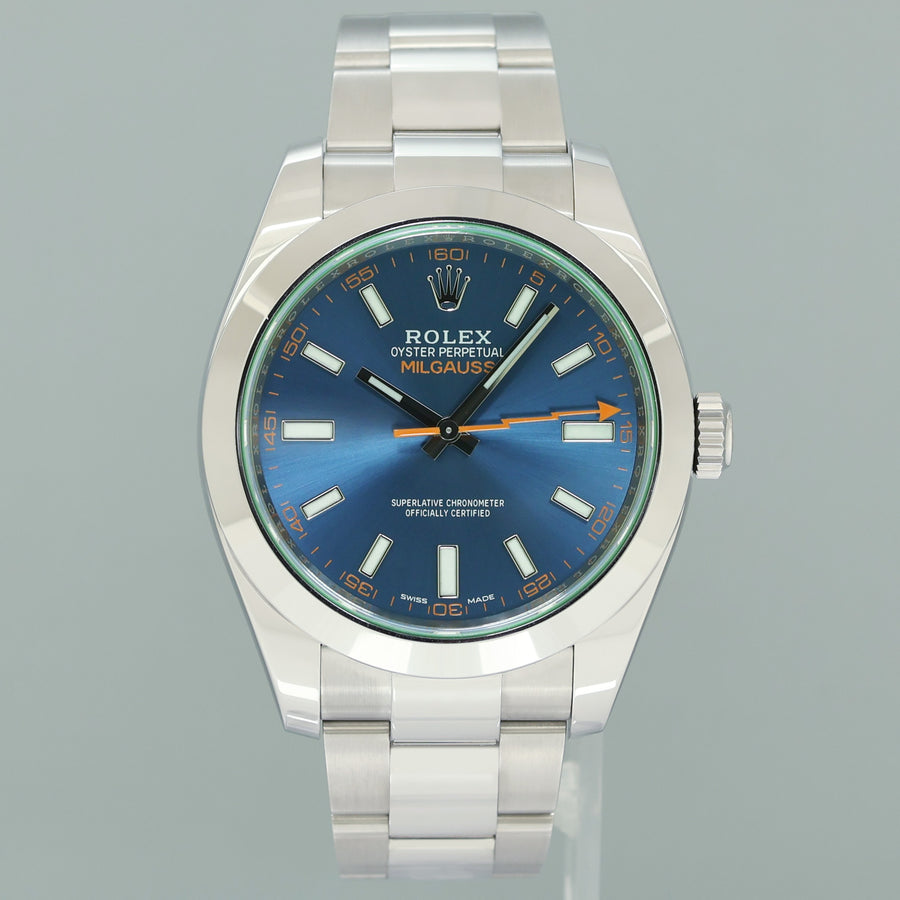 2022 NEW PAPERS Rolex 116400GV Milgauss Blue Anniversary Green Steel Watch Box