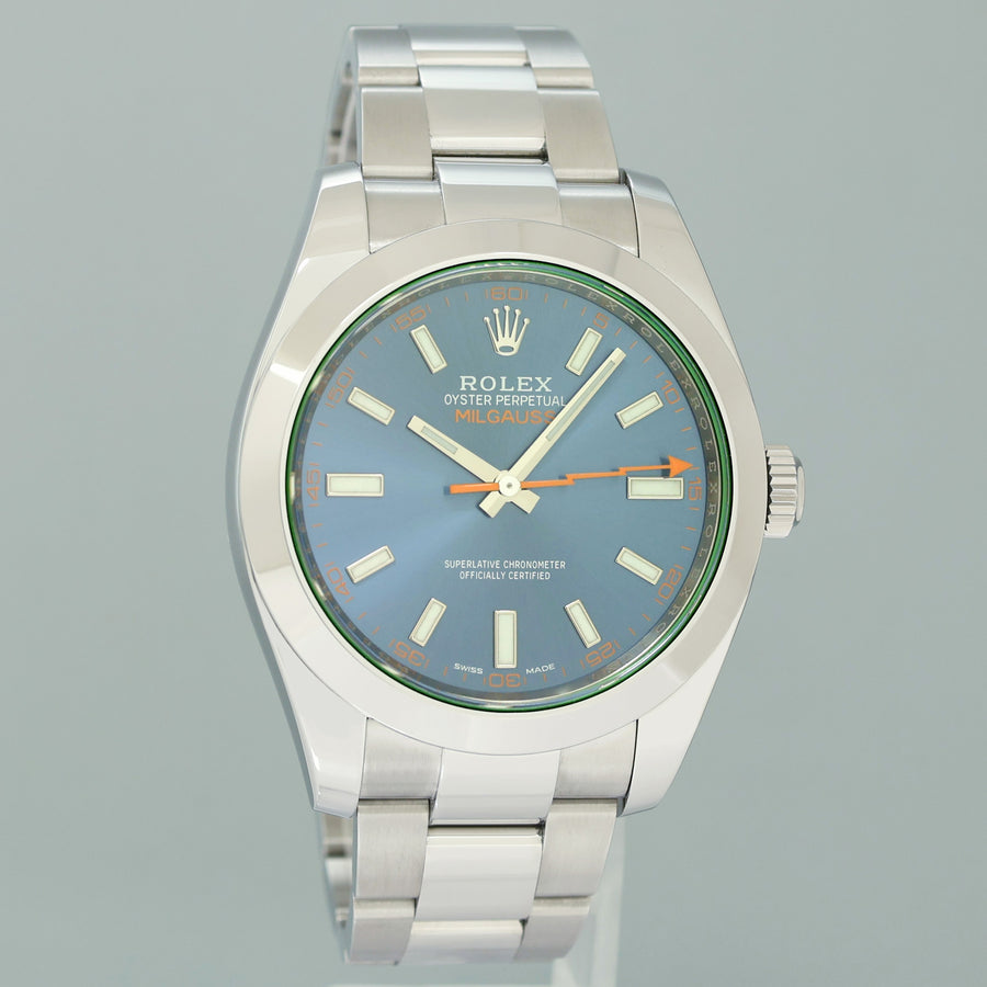 2022 NEW PAPERS Rolex 116400GV Milgauss Blue Anniversary Green Steel Watch Box